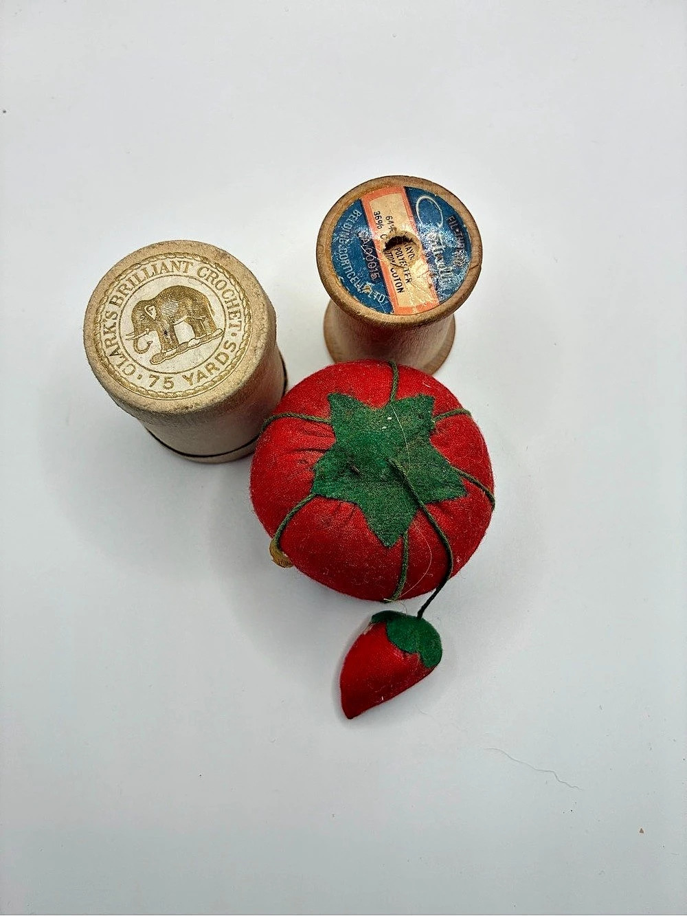 Vintage Sewing Pincushion & Thread Spools in Red & Green